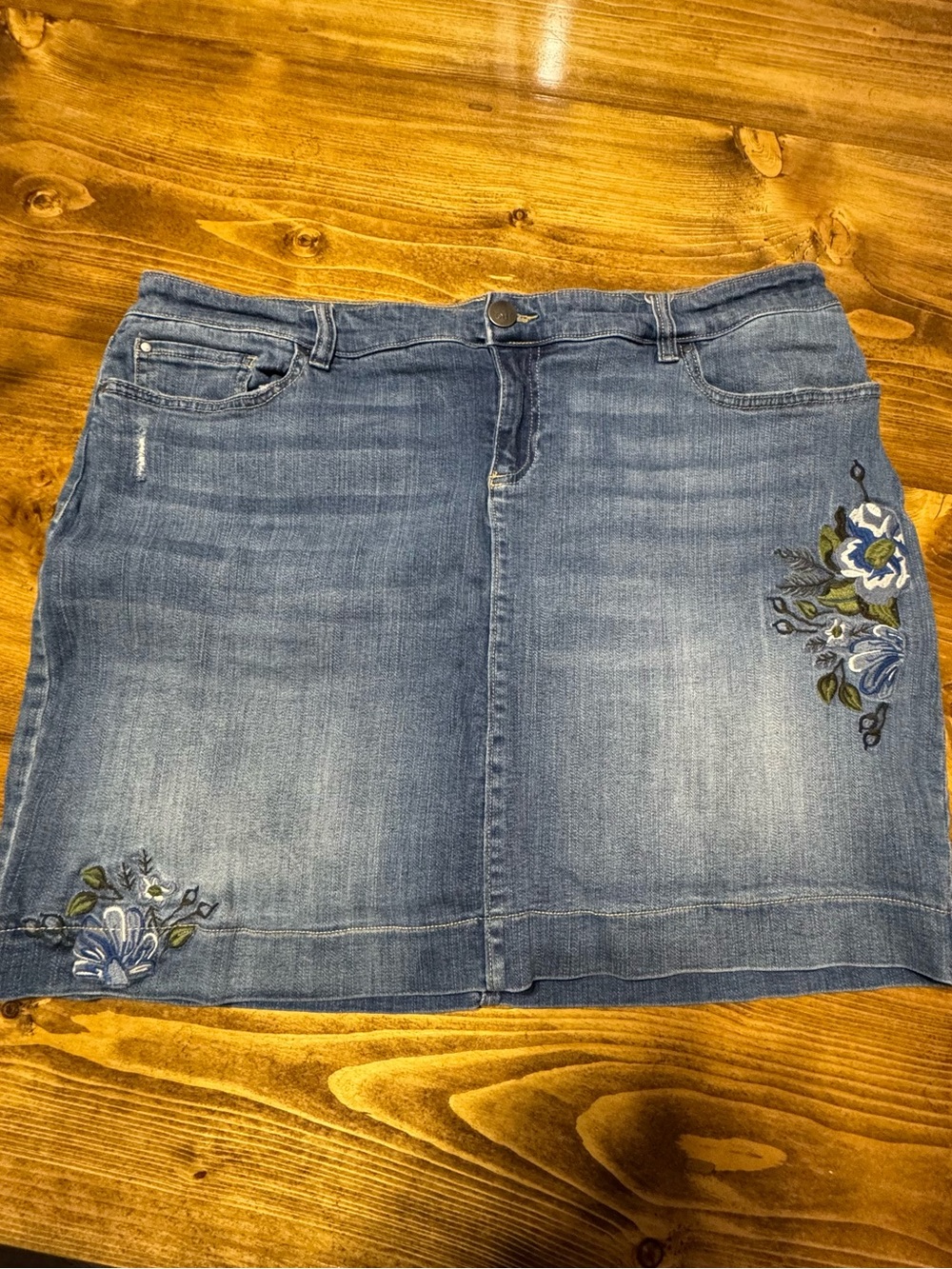 Embroidered Denim Mini Skort Skirt - Blue